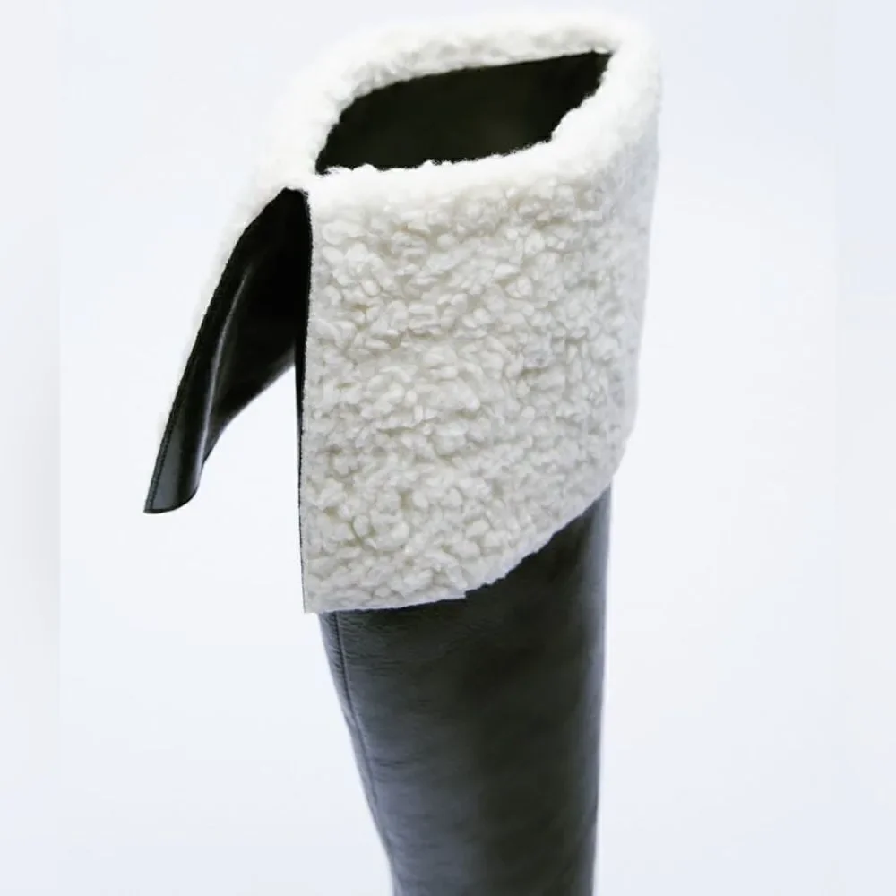 Zara OVER-THE-KNEE LEATHER BOOTS WITH FAUX SHEARLING LINING